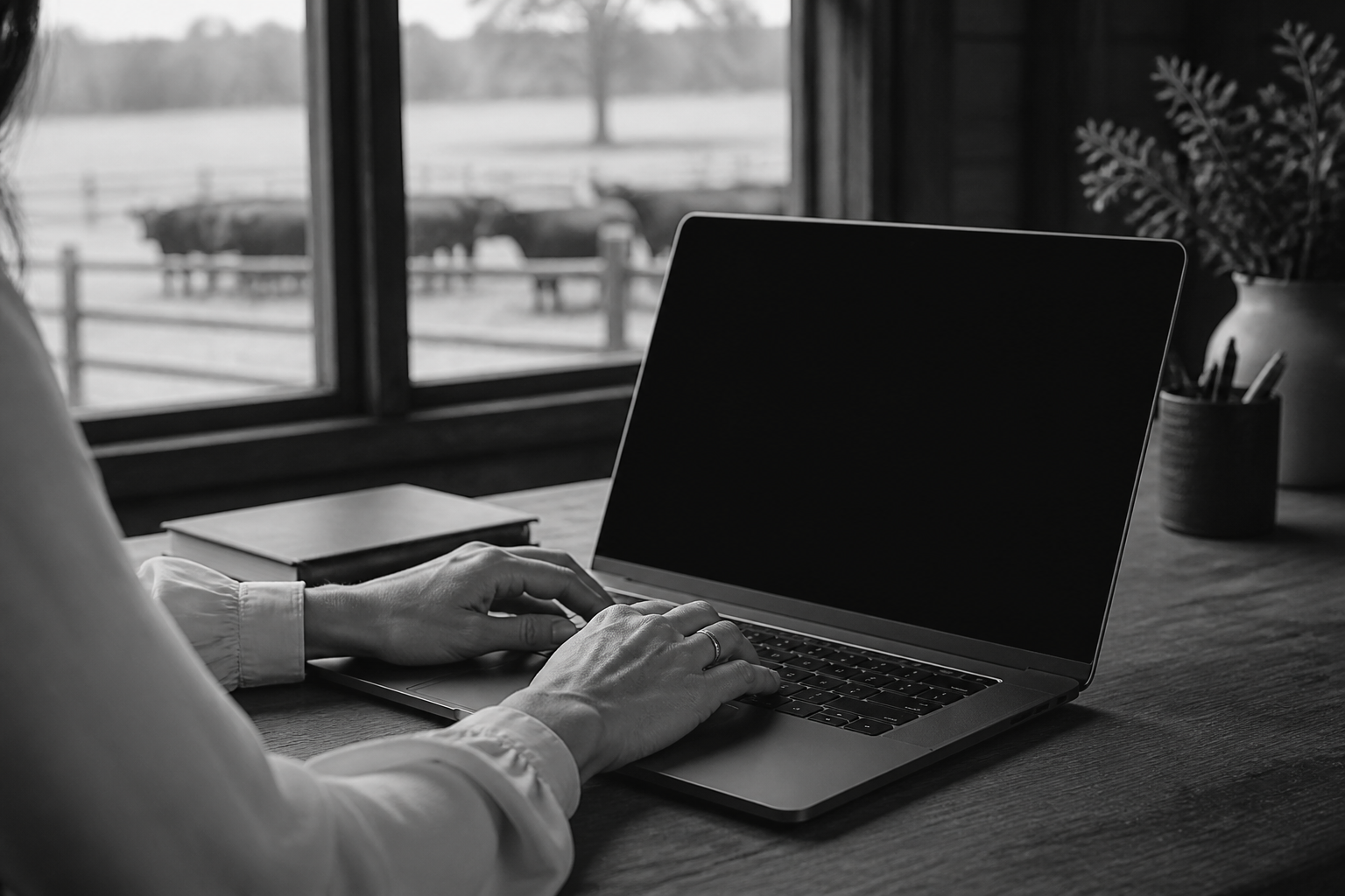 Woman using a laptop at a cattle farm